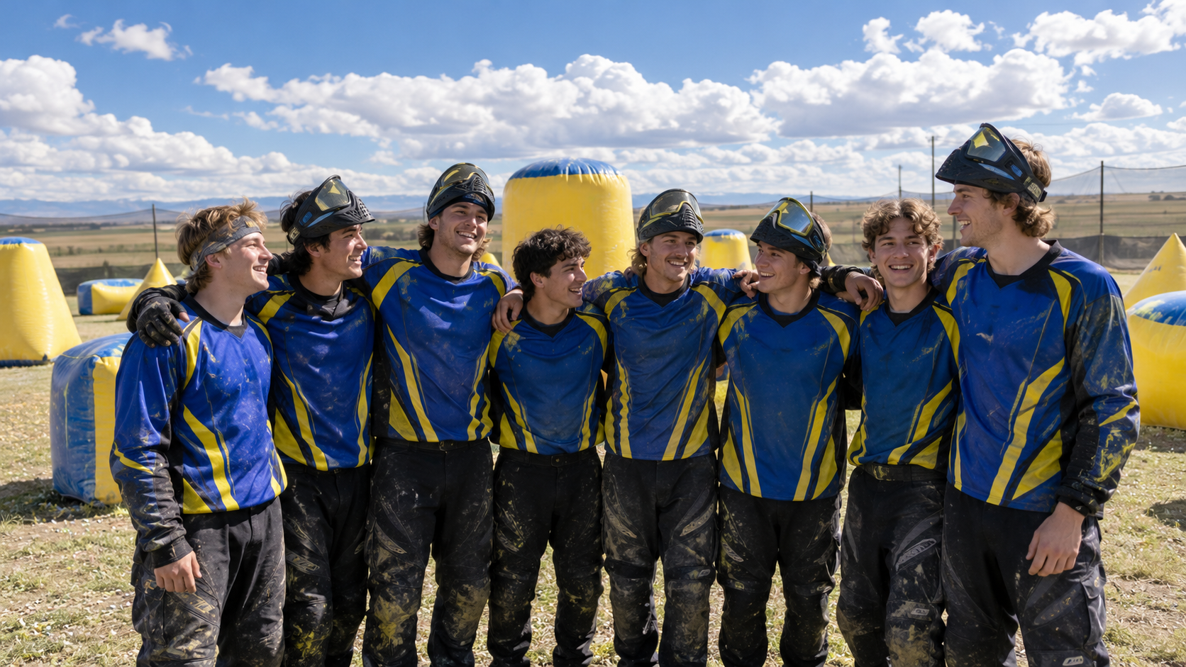 The Berta Boys in royal blue and yellow jerseys hugging it out on an inflatable bunker field under a wide Alberta sky