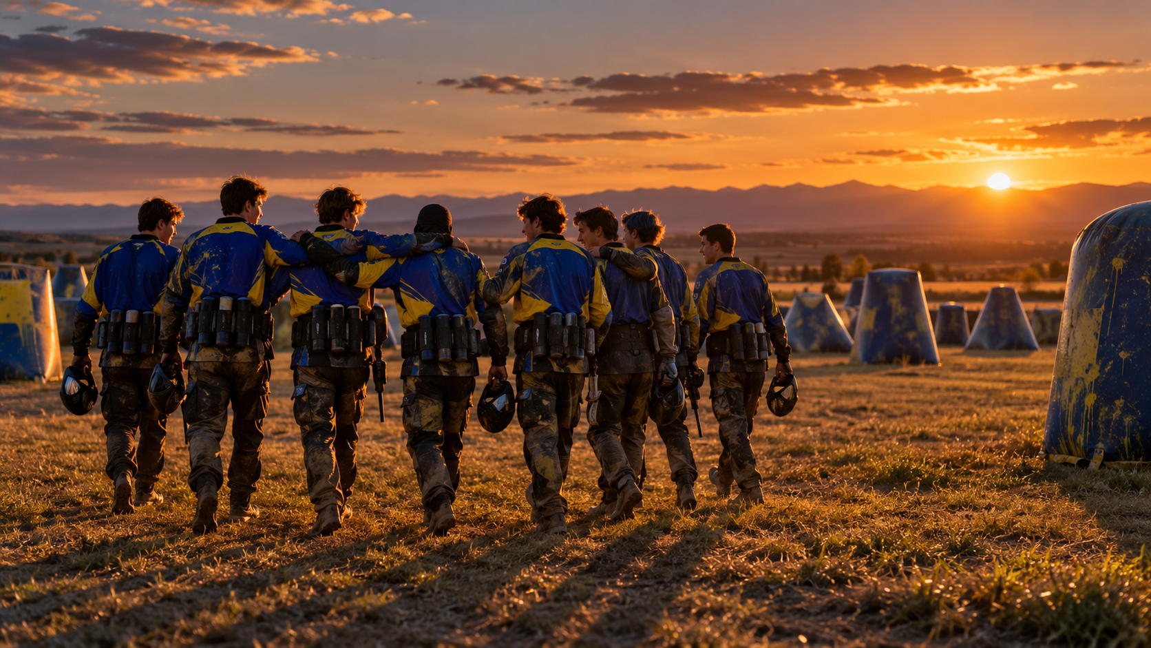 The Berta Boys walking off an inflatable bunker field together at sunset, arms over each other's shoulders