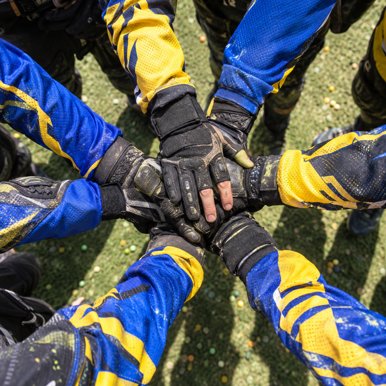 Gloved hands stacked together in a team huddle, royal blue and yellow sleeves all around