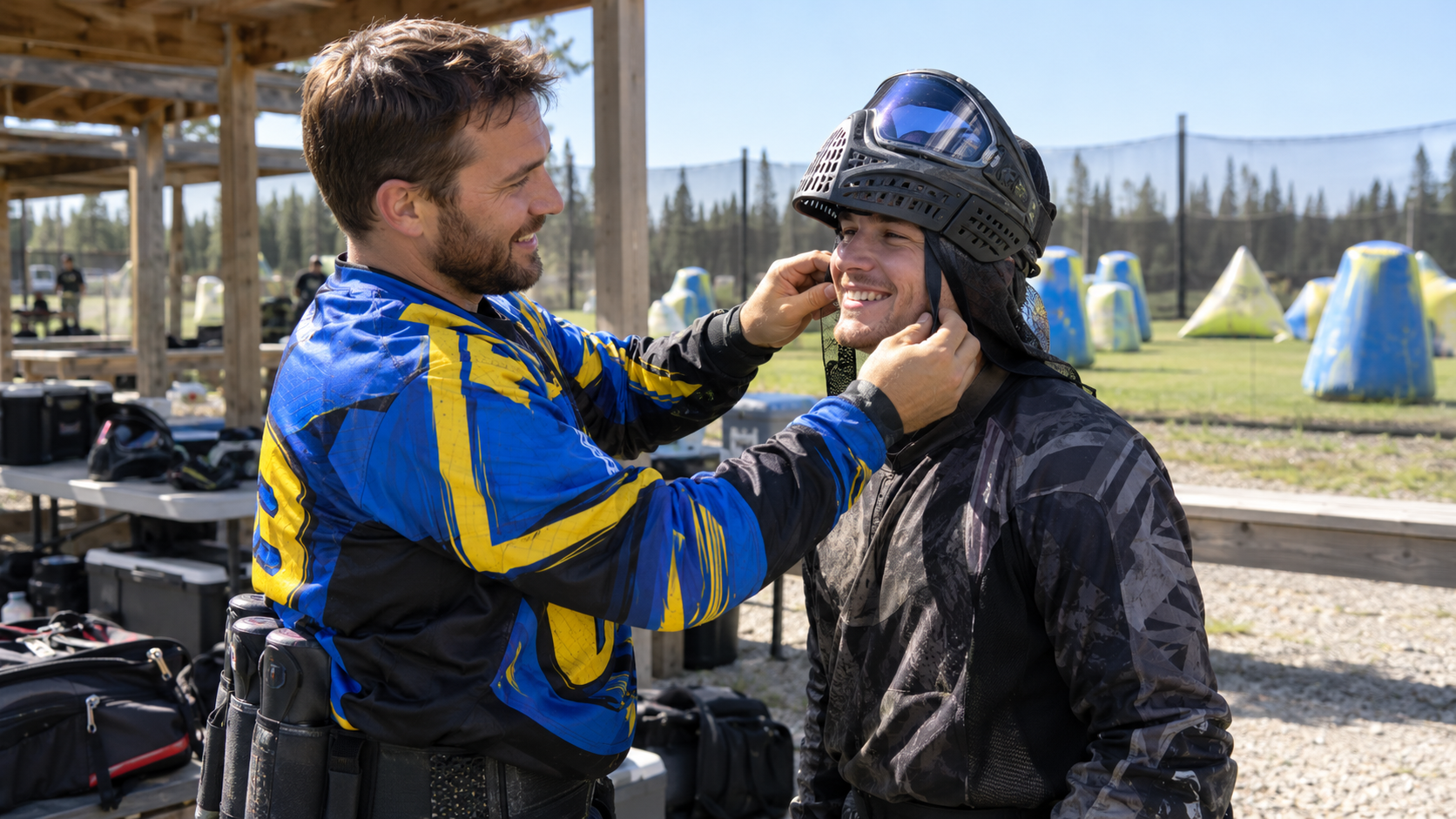 A Berta Boys player in a royal blue and yellow jersey helping a newer player fit his mask at the field