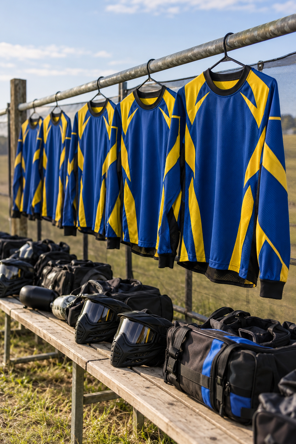 A row of blank royal blue and yellow jerseys hanging on a fence rail above masks and gear bags